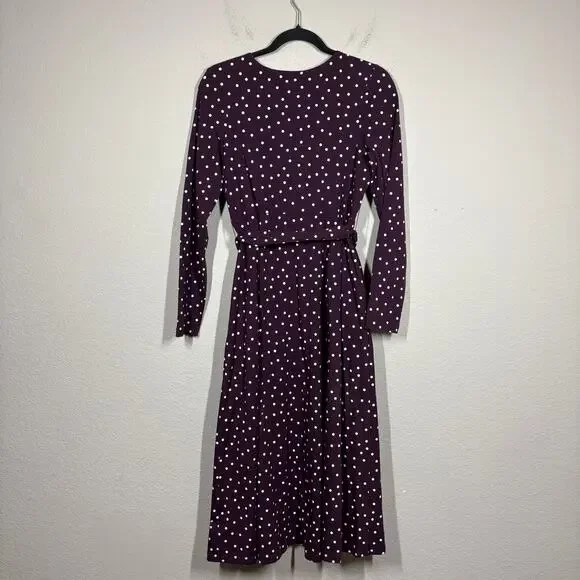 Pact Medium Fit & Flare Faux Wrap Dress Purple Polka Dot Belted Long Sleeves - Picture 3 of 11